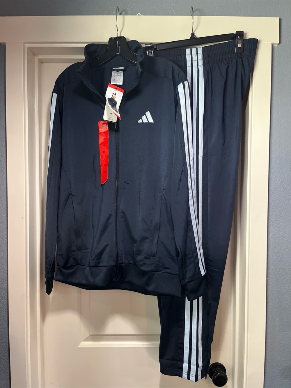 Mens Medium Adidas 3 Stripe Tricot Track Jacket And Pant Blue Set Suit New Tag